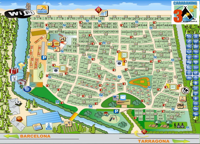 Mapa del camping "Tres Estrellas" de Gavà Mar (ao 2013 - mapa:www.tresestrellas.com)